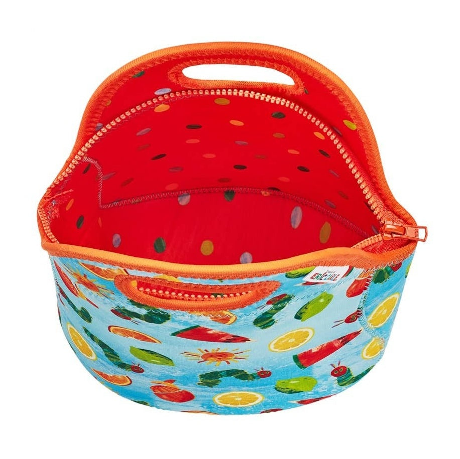 Funkins The Very Hungry Caterpillar citrus lunch bag, blue exterior with fruit-print, orange zipper/handle, orange lining