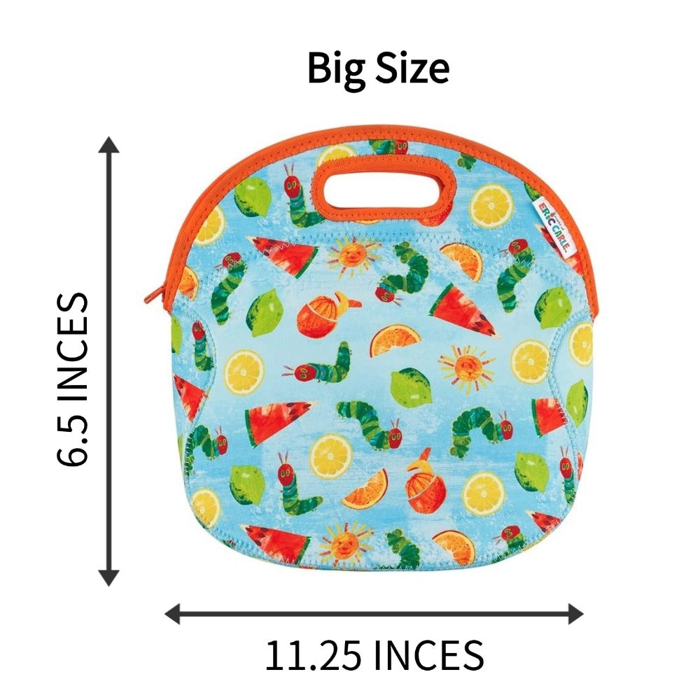 Sky blue lunch bag with The Very Hungry Caterpillar citrus print, orange zipper, and built-in handle.