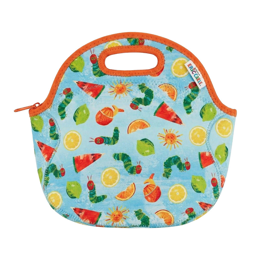 Blue insulated lunch bag with orange trim and handle cutout, featuring citrus slices and caterpillars from The Very Hungry Caterpillar.