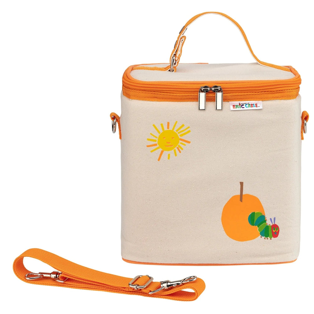 FUNKINS The Very Hungry Caterpillar Lunch Bag Tall beige canvas with orange zipper, sun and caterpillar graphics, detachable strap beside.
