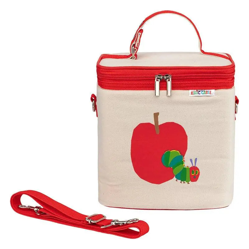 Funkins The Very Hungry Caterpillar Lunch Bag Tall in beige canvas with red zipper; top handle and detachable red strap shown beside it.