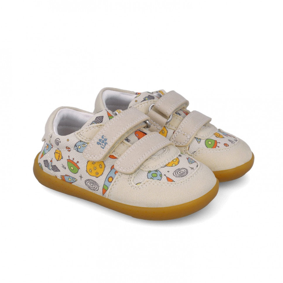 Garvalin barefoot canvas sneakers beige with colorful print and double Velcro straps