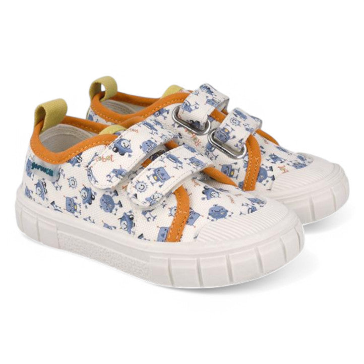 Garvalin Barefoot kids canvas sneakers white with blue print, orange trim, Velcro straps fastened (pair)