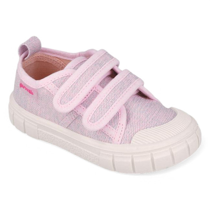 Garvalin Barefoot Children Canvas Sneakers Rosa Pink with two Velcro straps secured for easy on and fit.