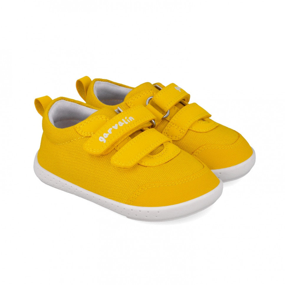 Garvalin barefoot children's yellow canvas sneakers with white sole and Velcro straps