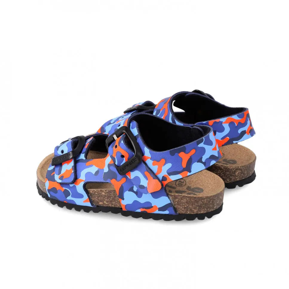 Garvalin Bio Sandals For Boy Azul blue camo with cork footbed and adjustable Velcro straps.