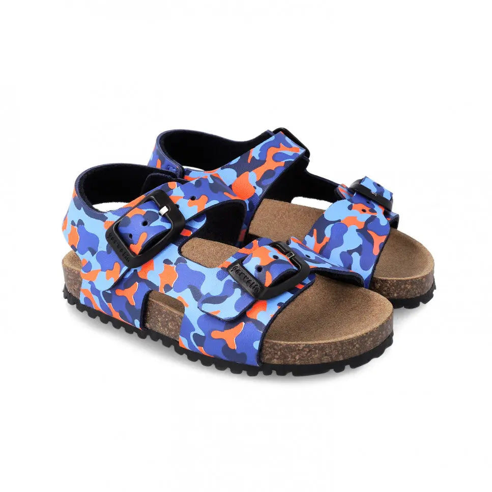 Garvalin Bio Sandals For Boy Azul with blue camo straps and cork footbed, buckled and adjustable.