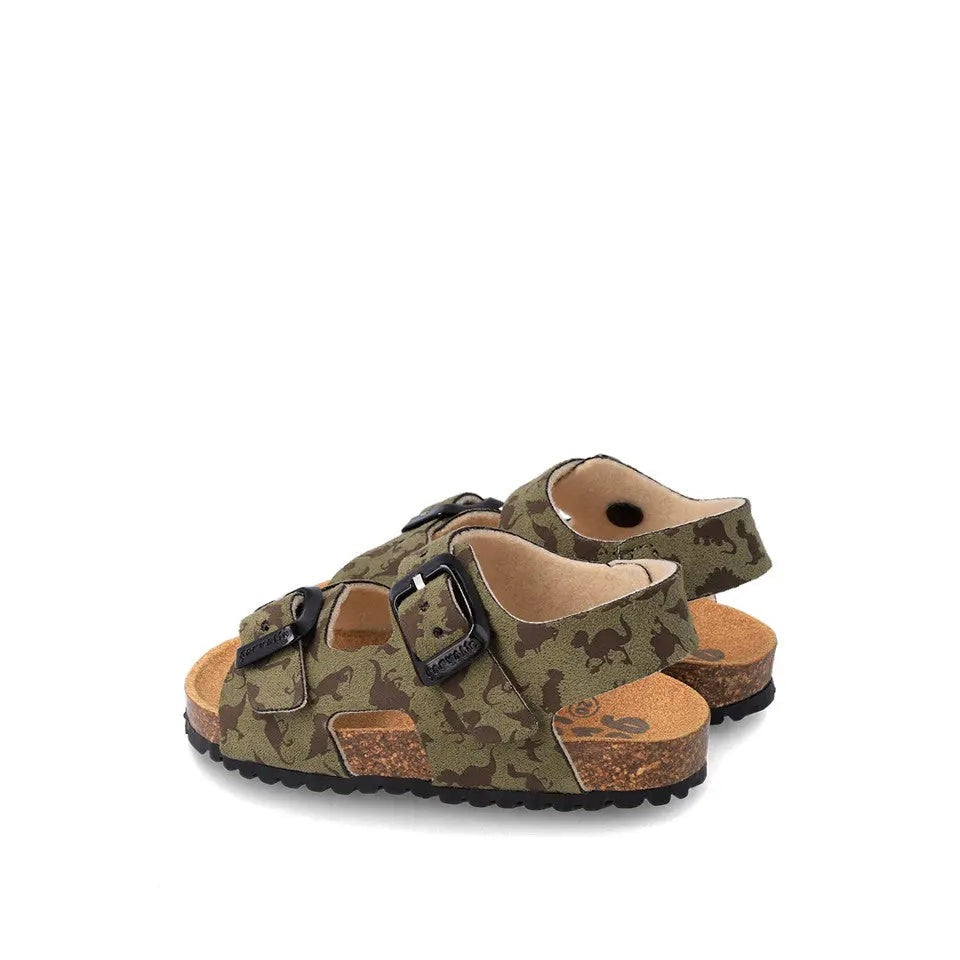 Garvalin Bio Sandals for Boy Kaki in camouflage with cork footbed and twin buckles.