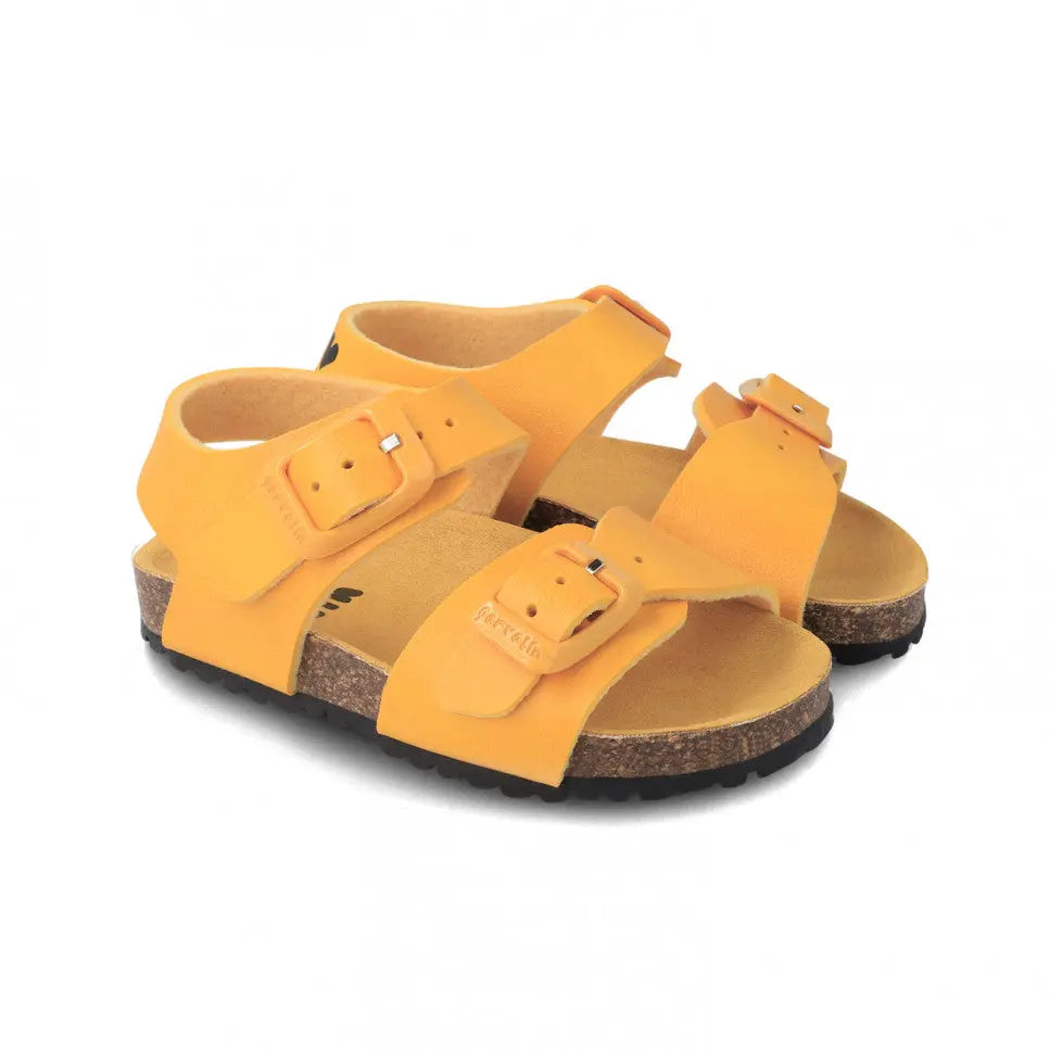Garvalin Bio Sandals For Boy Mostaza: mustard-yellow sandals with two buckle straps and cork footbed.