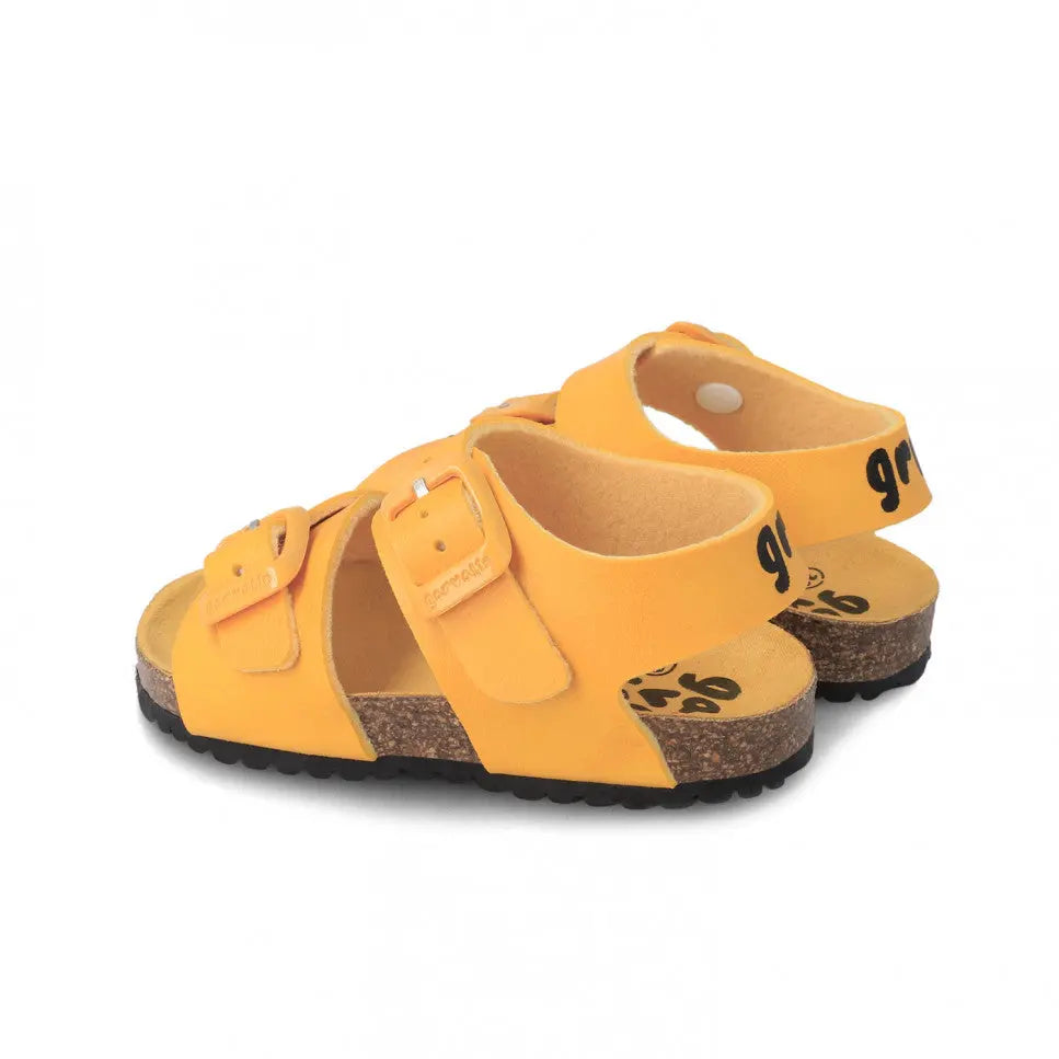 Garvalin Bio Sandals For Boy Mostaza in yellow with cork footbed and buckled adjustable straps.