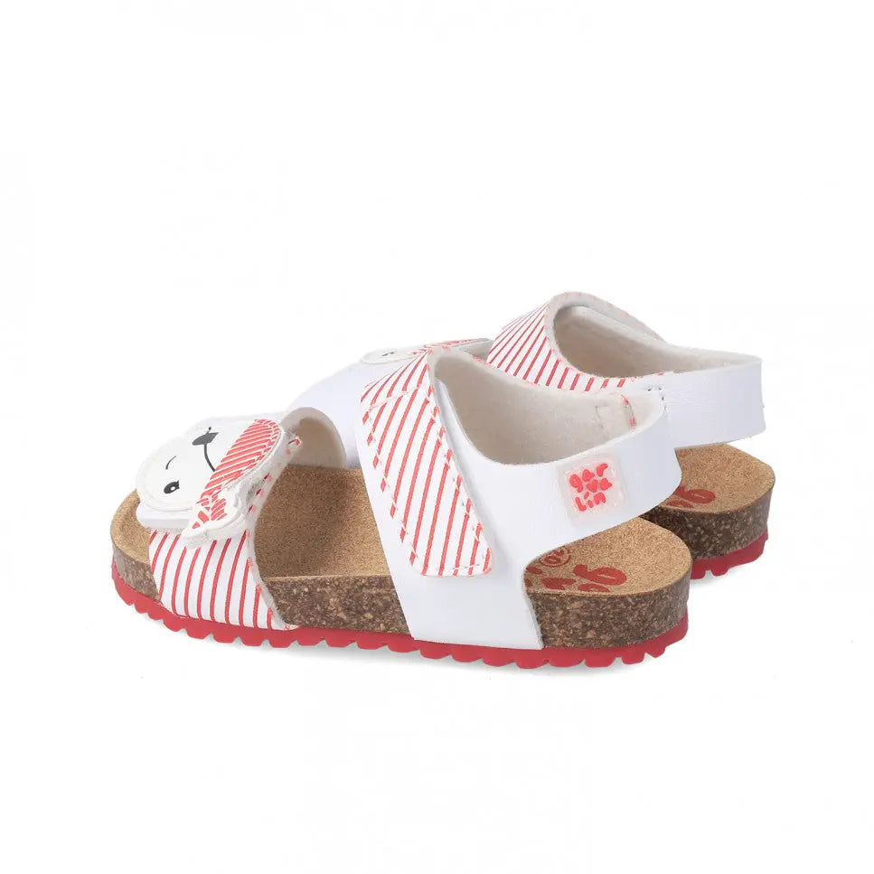 Garvalin Bio Sandals For Childrens Blanco white sandals with red striped straps, cork footbed, red sole.