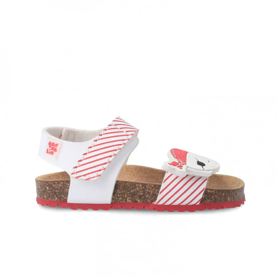 Garvalin Bio Sandals for Children Blanco; white sandals with red striped Velcro straps fastened over a cork sole