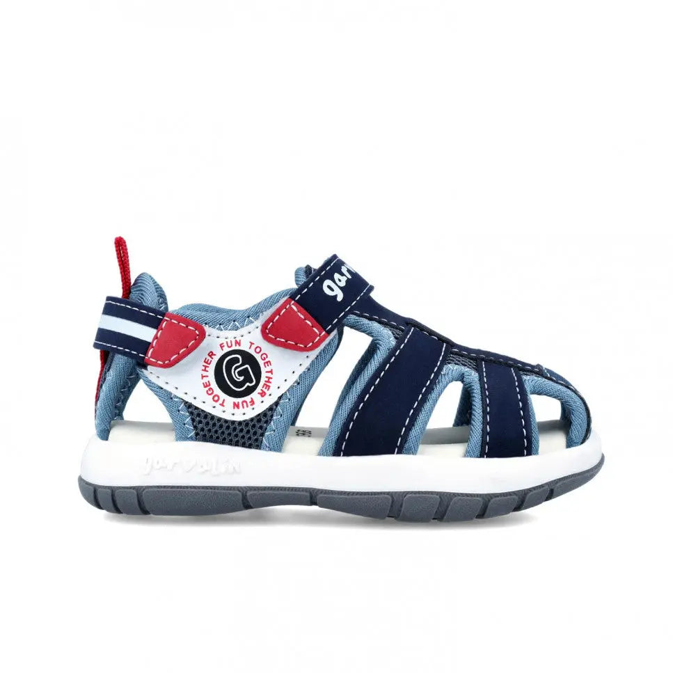 Garvalin Children Sandals Navy Blue with red accents, adjustable Velcro straps, white sole