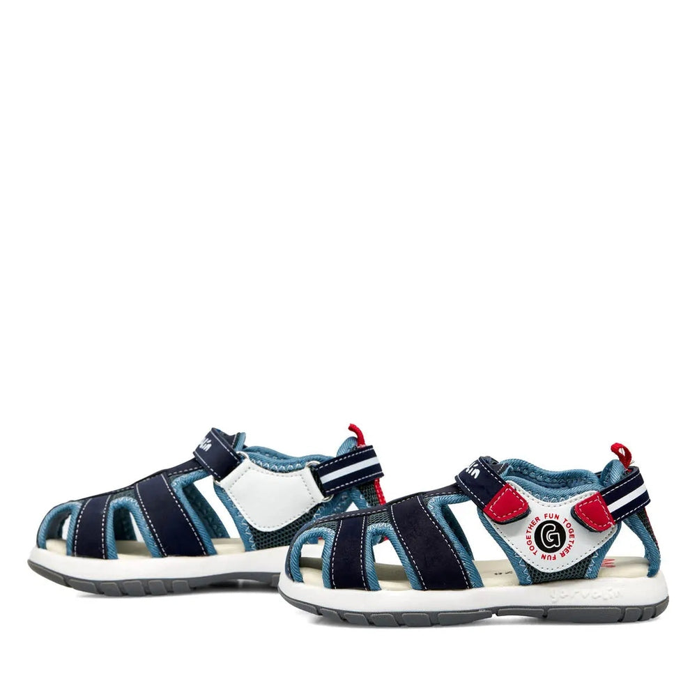 Garvalin Children Sandals Navy Blue, navy/white with red pull tabs and Velcro straps, pair shown.