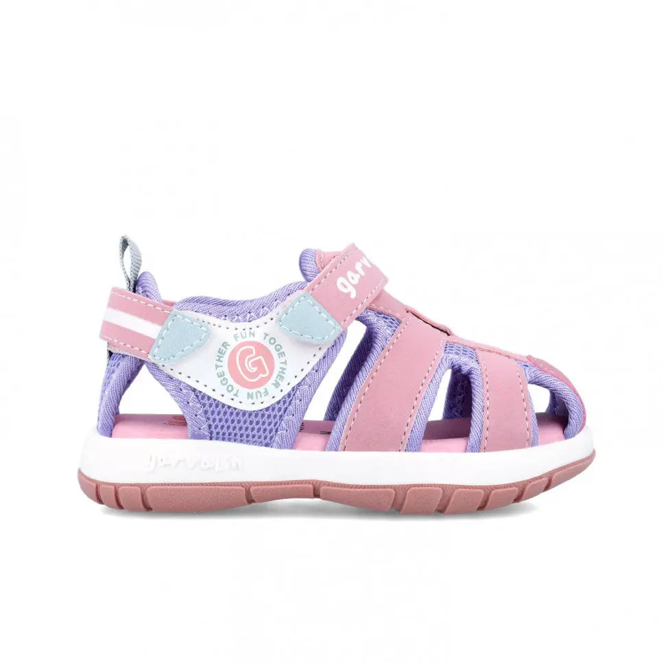Garvalin Children Sandals Rosa Pink with purple straps fastened by Velcro over a white sole.
