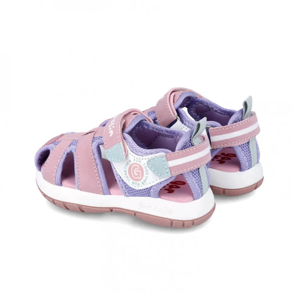 Garvalin Children Sandals Rosa Pink with lavender mesh, adjustable Velcro straps shown securing fit.