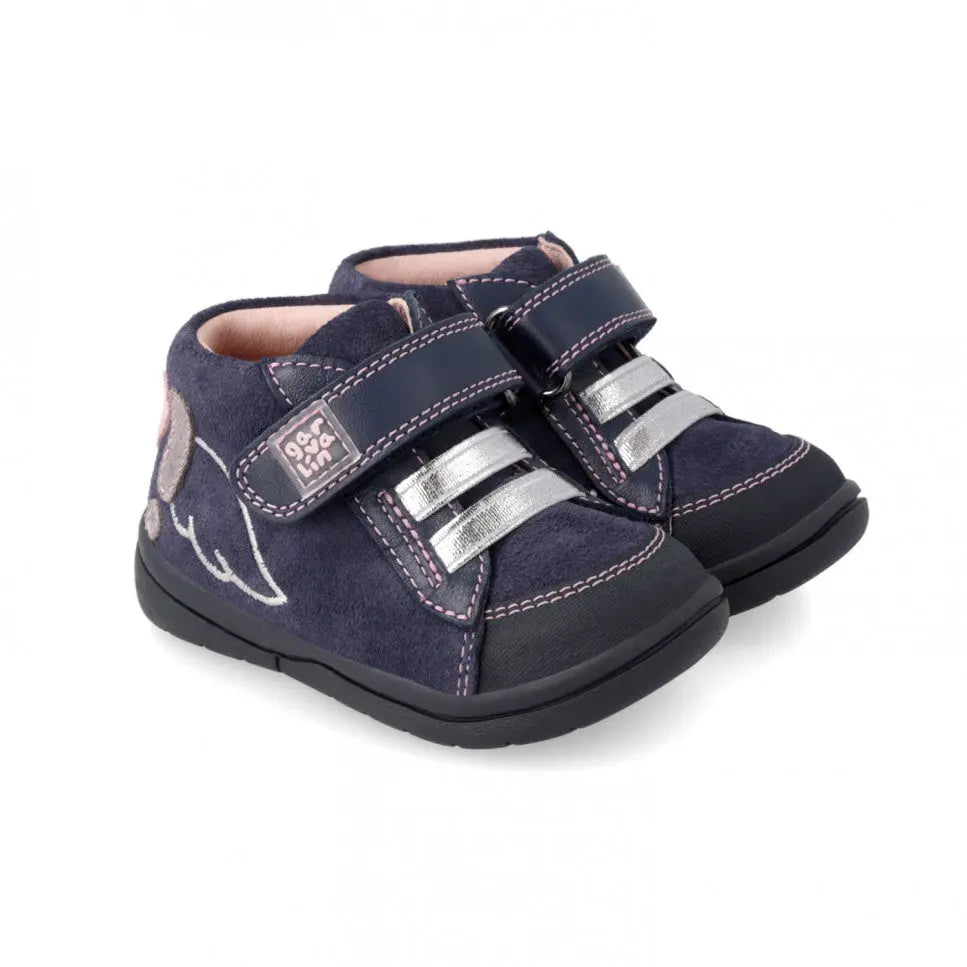 Garvalin Kids Leather Booties Navy Blue with pink stitching and silver Velcro straps, pair shown.