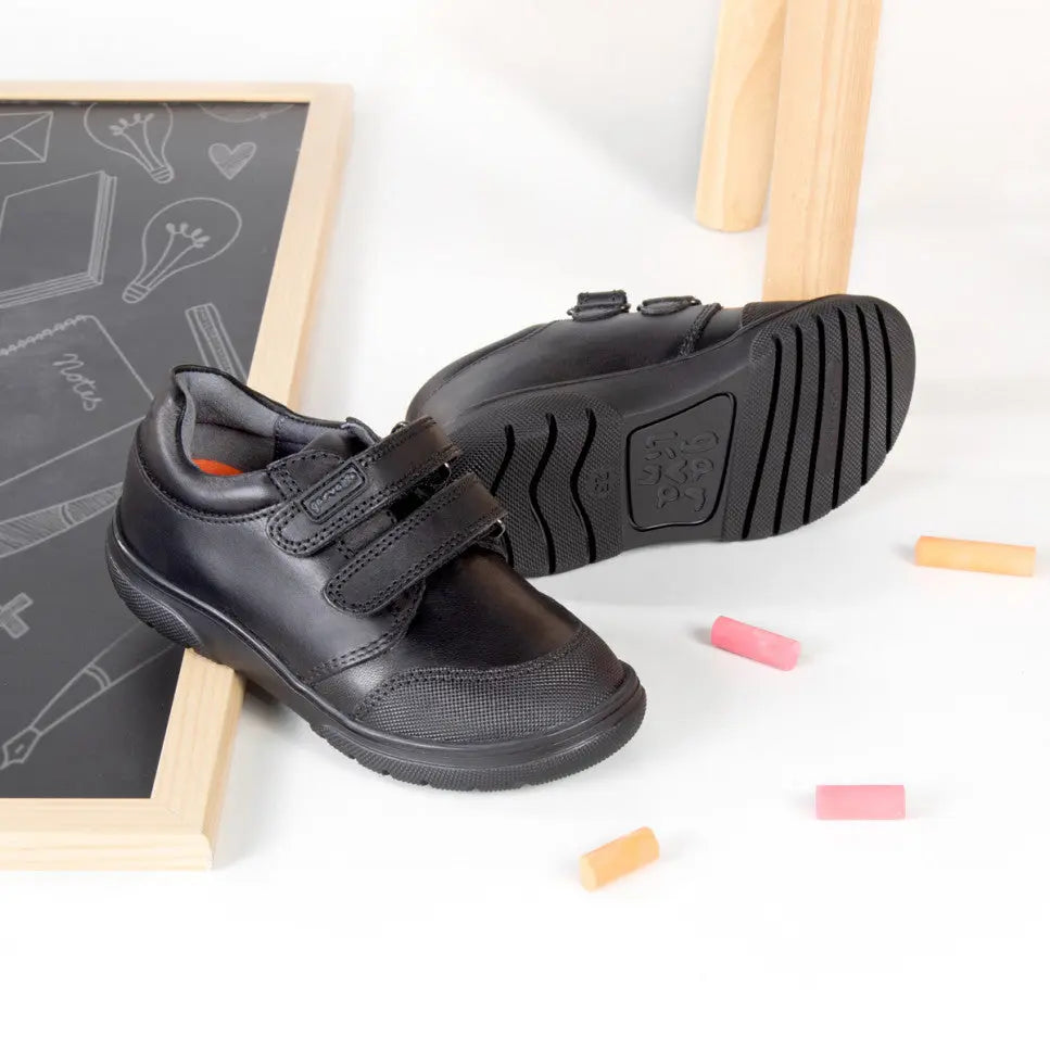 Garvalin Napa Blackschool Shoes for kids with Velcro straps; rugged outsole visible as the shoe rests upright.