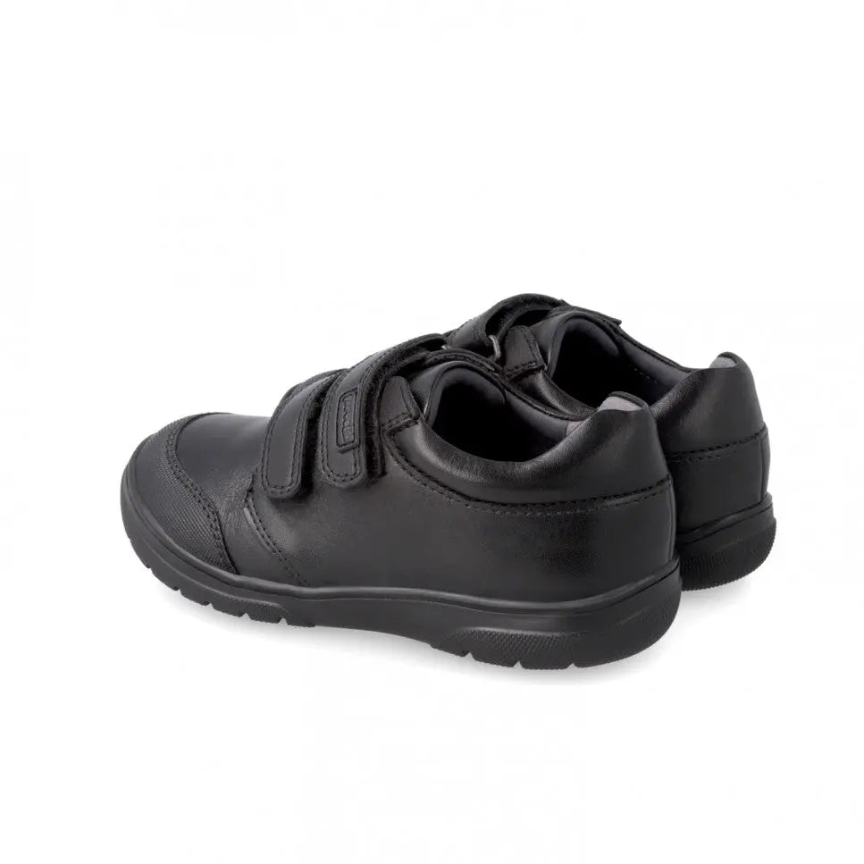 Garvalin Napa Blackschool Shoes with Velcro straps, black leather kids' school footwear shown ready to wear