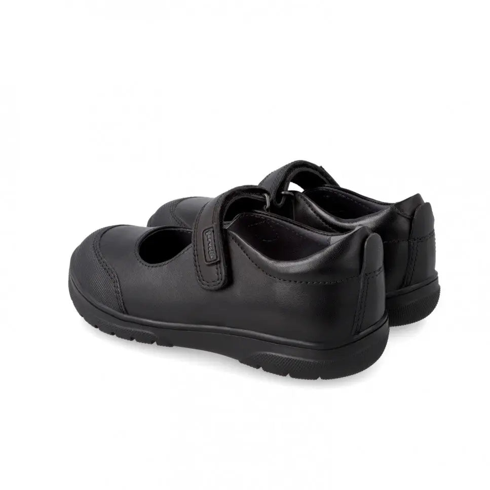 Garvalin Napa Children School Shoes Black, black leather with Velcro straps, shown from side with secure fastening.