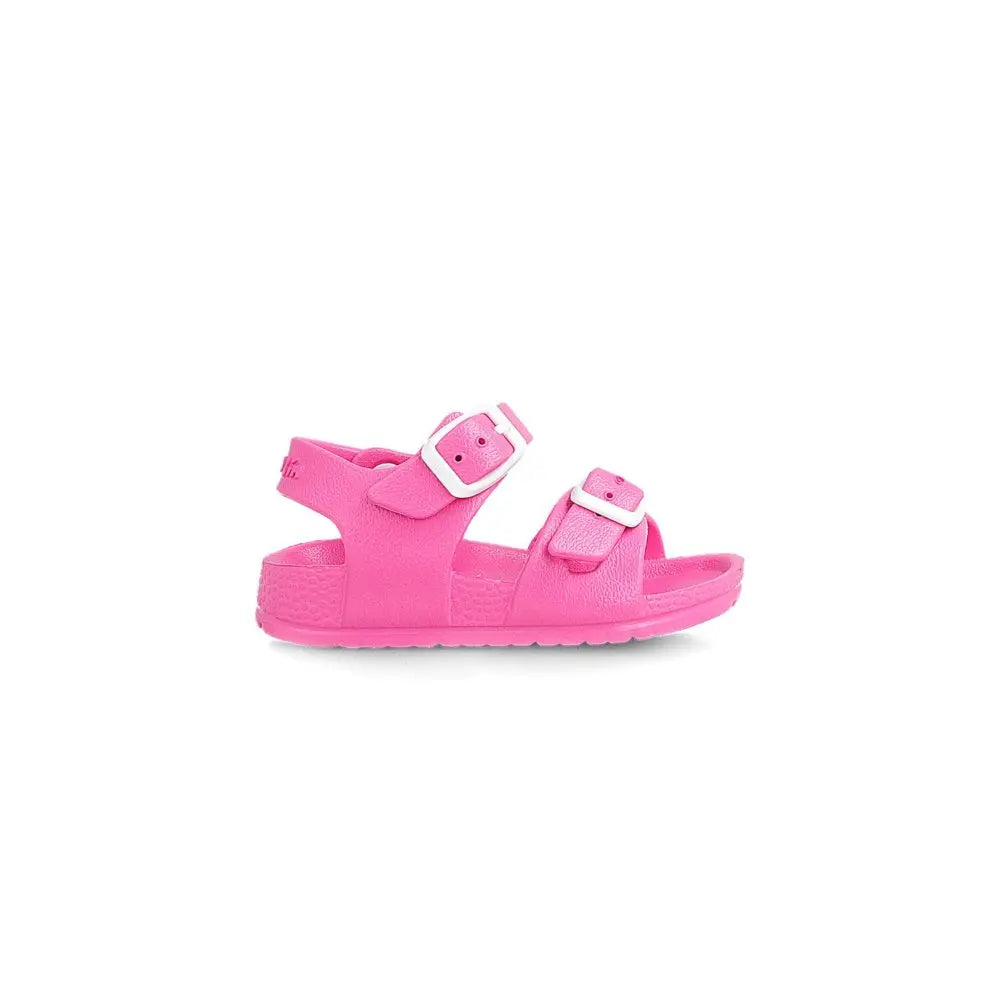 Garvalin Sandalia Hebillas Sandy pink toddler sandals with white buckles, two straps fastened securely.