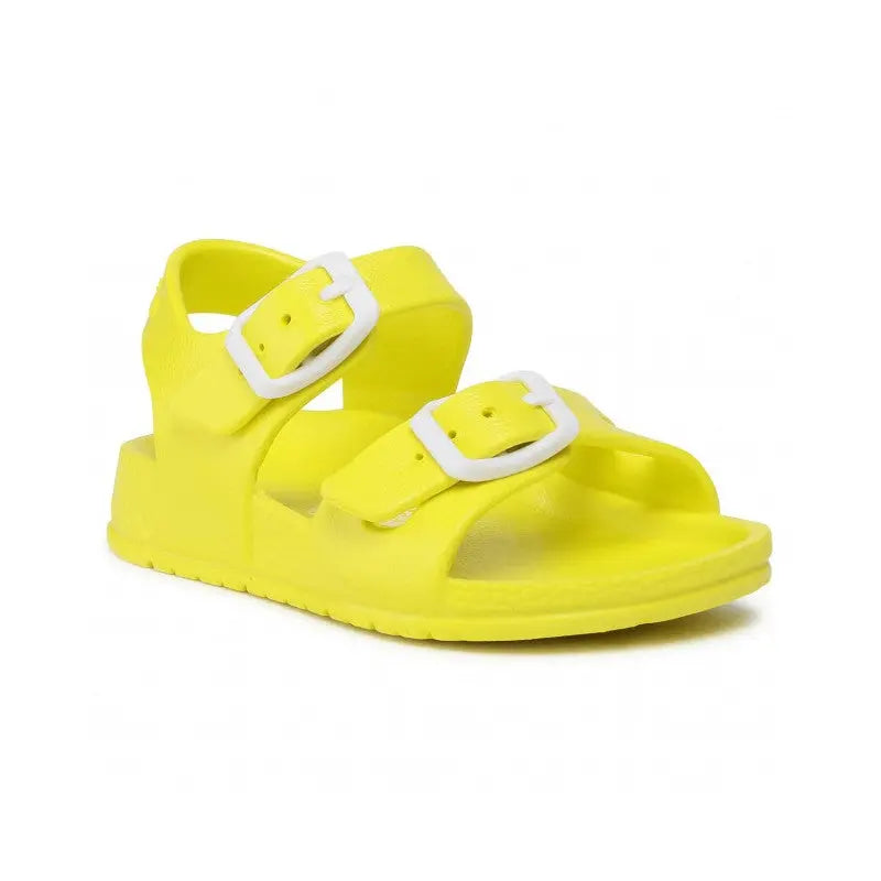 Garvalin Sandalia Hebillas Sandy yellow toddler sandals with white buckle straps, open-toe design