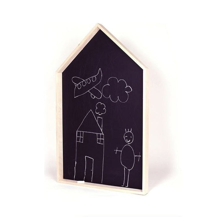 Gautier Studio Big Blackboard, wooden-framed house-shaped chalkboard with airplane and child drawing