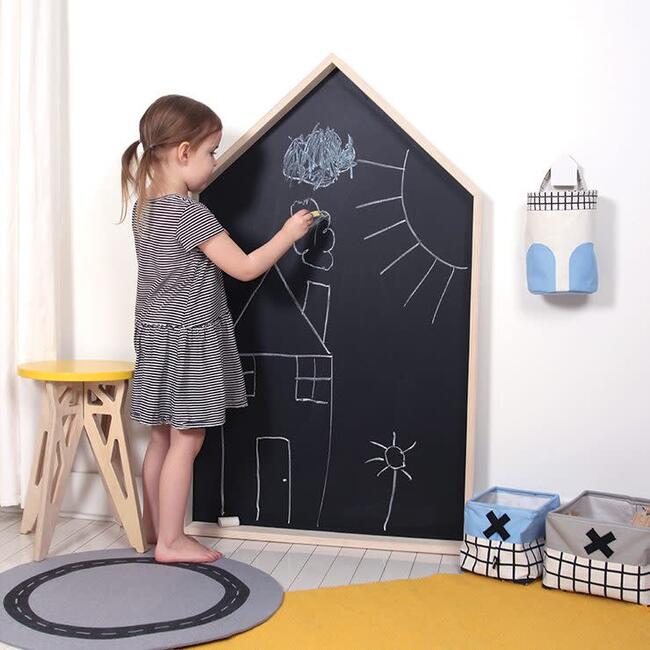 Gautier Studio Big Blackboard, wooden-framed kid's chalkboard in house shape with chalk drawings