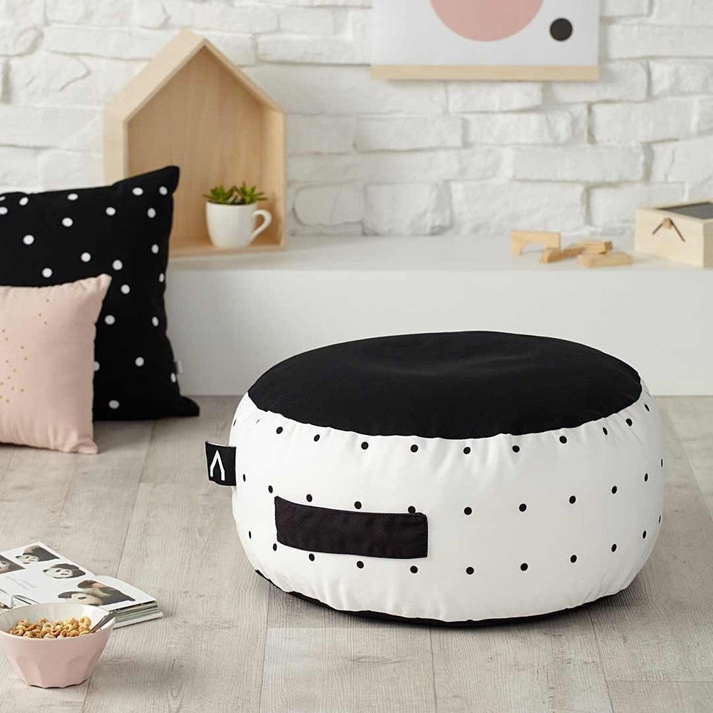Gautier Studio Youpi beanbag chair, round white with black polka dots and a solid black top