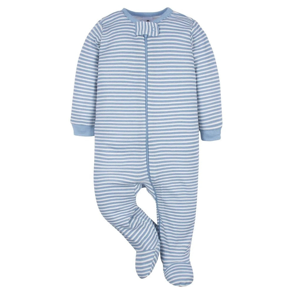 Gerber Baby Boy Puppy Playground Blue footed sleepsuit with blue stripes and bow at neckline.