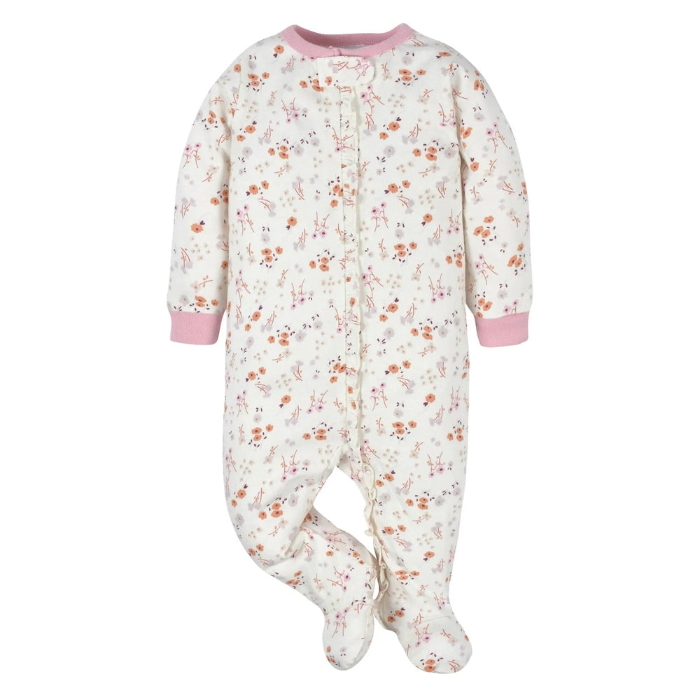 Gerber Baby Boys Floral Sleep 'N Play romper, white with pink cuffs, footed floral print, front snaps.