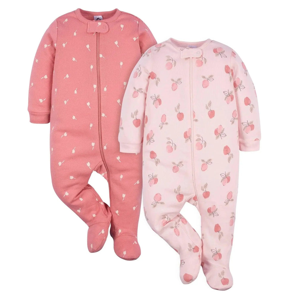 GERBER Sleep 'N Play Appley Sweet/Pink two-pack of footed baby sleepsuits, pink and peach apple prints.