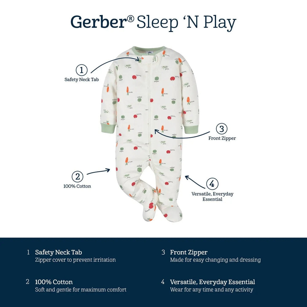 Gerber Baby Neutral Veggies Sleep 'N Play one-piece worn by a baby, front zipper and soft 100% cotton.