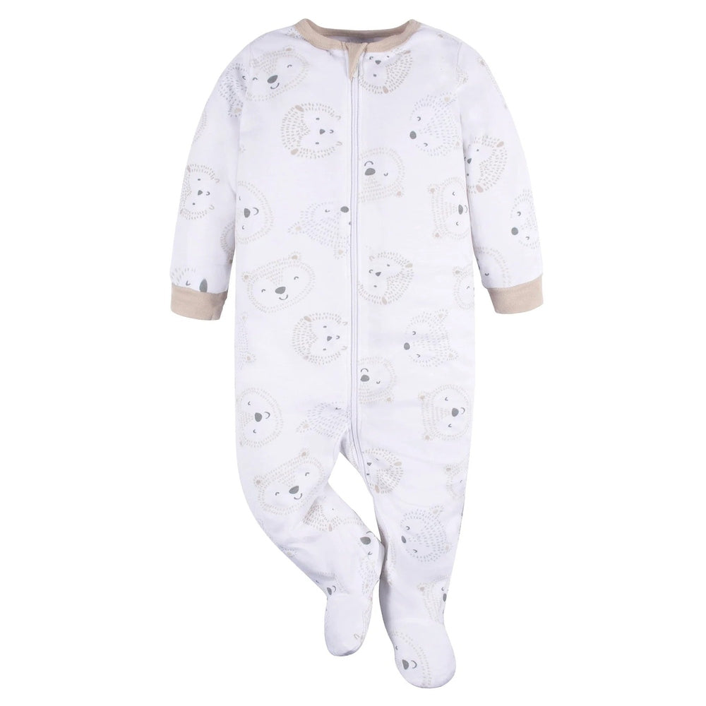 Gerber Baby Woodland Sleep 'N Play white footed romper with beige cuffs and bear pattern, front zipper closure.