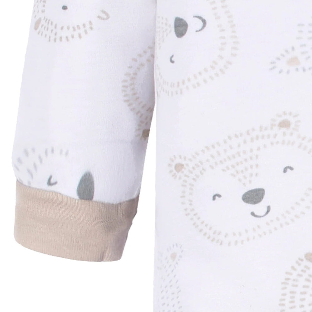 Gerber Baby Woodland Sleep 'N Play, white fabric with beige bear face print and beige cuffs.