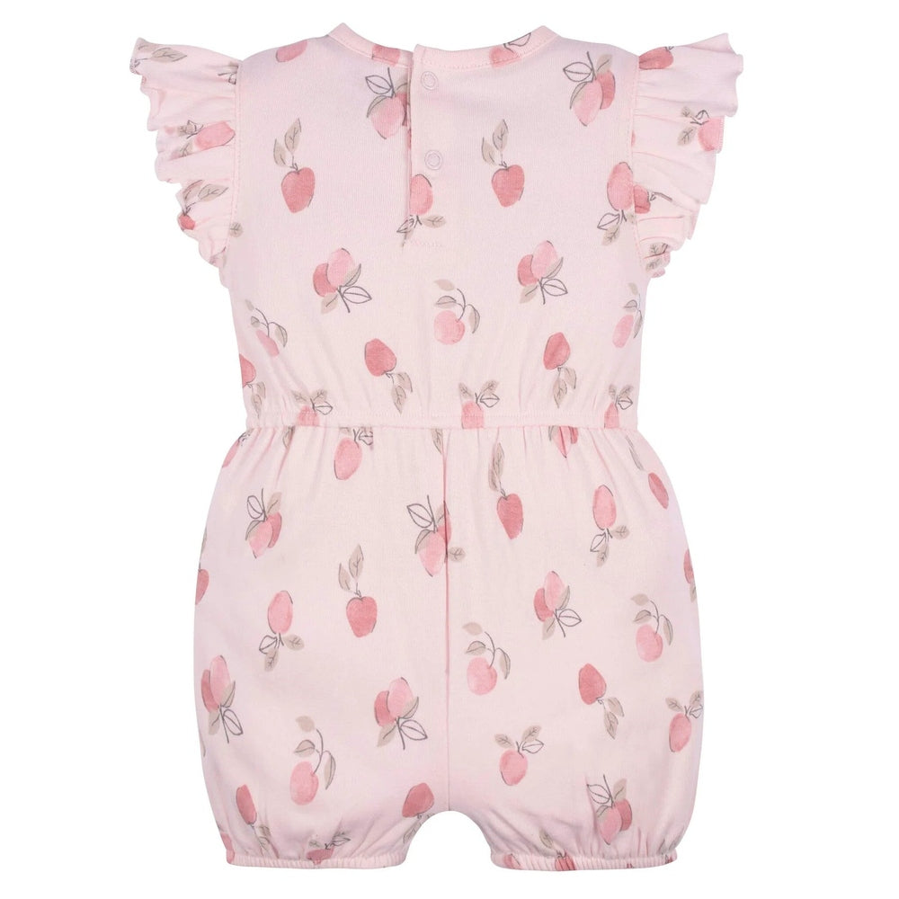 Gerber Appley Sweet sleeveless romper in light pink with apple print and ruffle sleeves