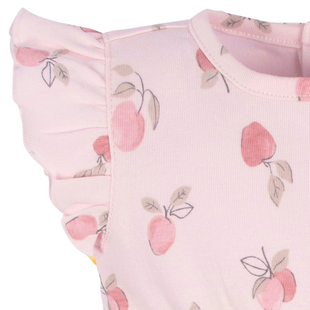 Gerber sleeveless romper Appley Sweet in pink with peach fruit print and ruffle sleeves