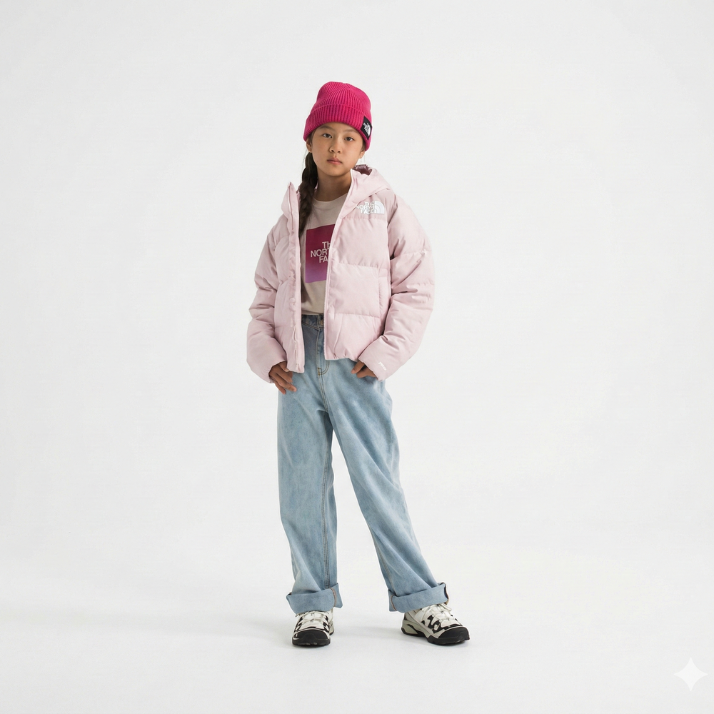 Girls’ North Down Hooded Jacket Pale Blossom by The North Face, pink quilted puffer with hood.