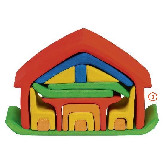 Gluckskafer All-In House 17-piece wooden building blocks set in red, blue and multicolor
