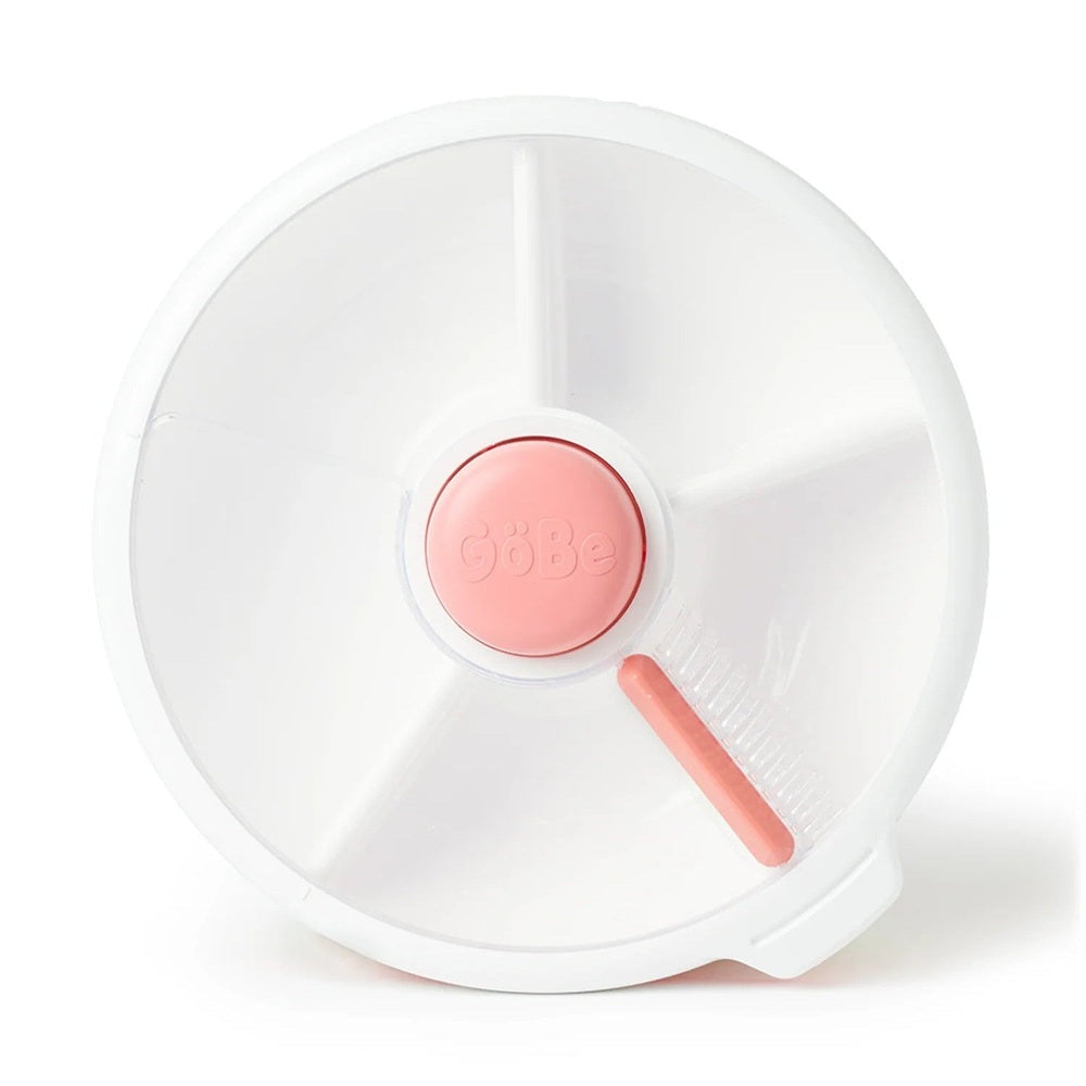 Gobe Large Snack Spinner Slide white circular lunch accessory; pink center button is pressed while the pink slider slides along.