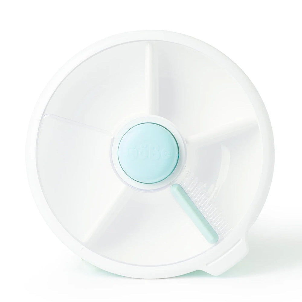 Gobe Large Snack Spinner Slide; white round lunch box with pastel blue center button and rotating snack compartments.