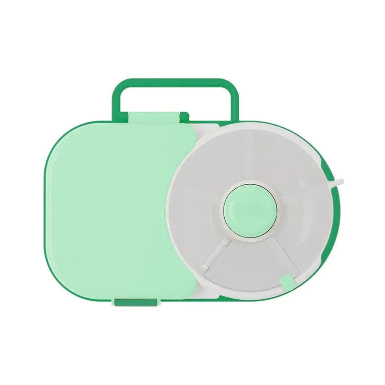 Gobe Lunchbox mint green with a sturdy carry handle, featuring a round inner compartment visible on the side.