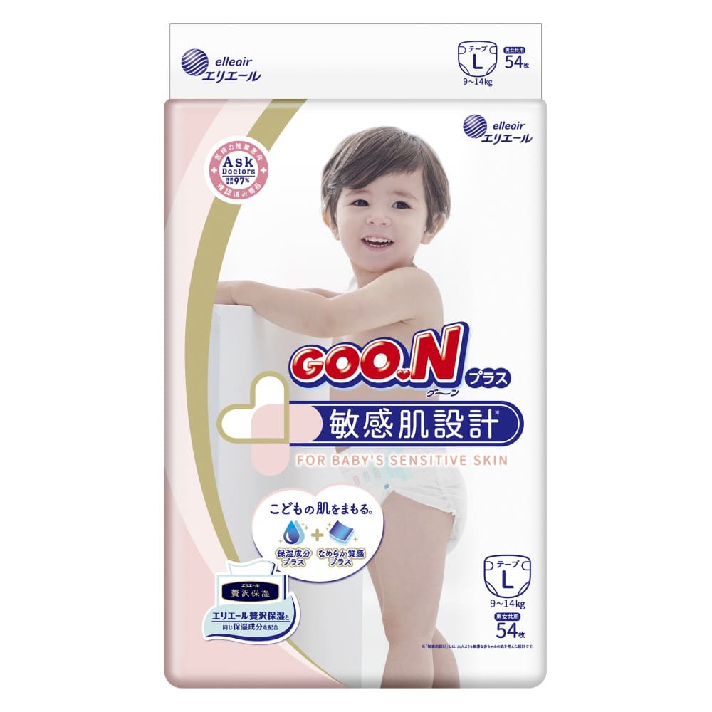 GOO.N Premium baby diapers L size for sensitive skin packaging featuring a smiling toddler