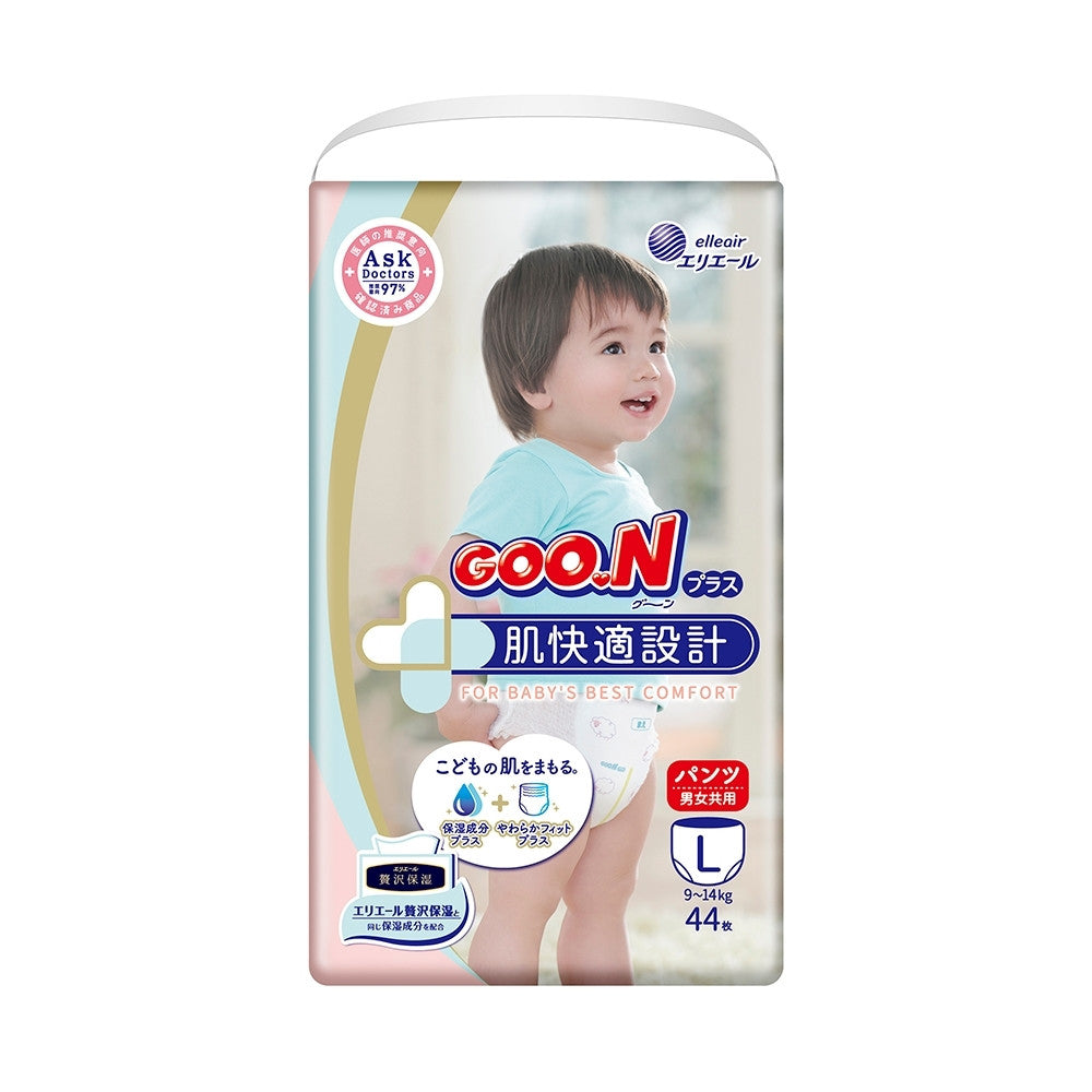 GOO.N premium baby pants L diaper pack with a smiling baby on blue-white packaging