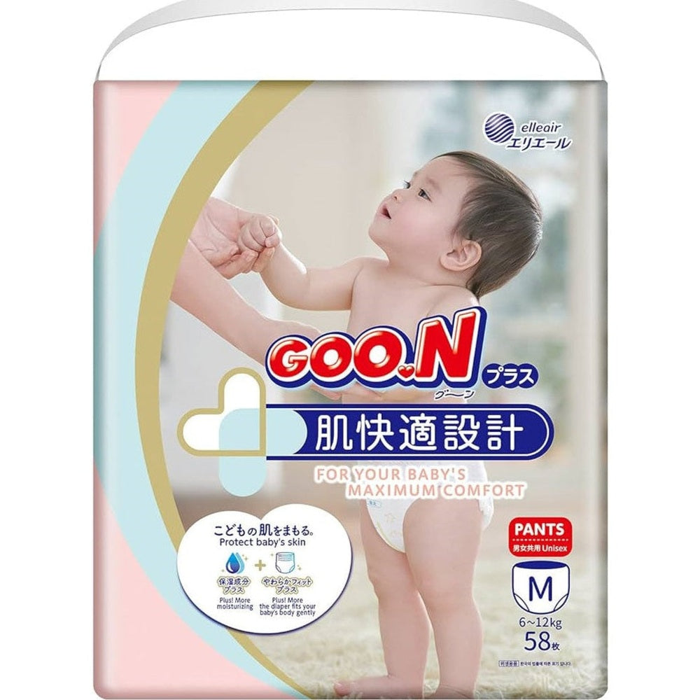 GOO.N Premium Baby Pants M diapers pack with a baby image and pastel design, 58 diapers
