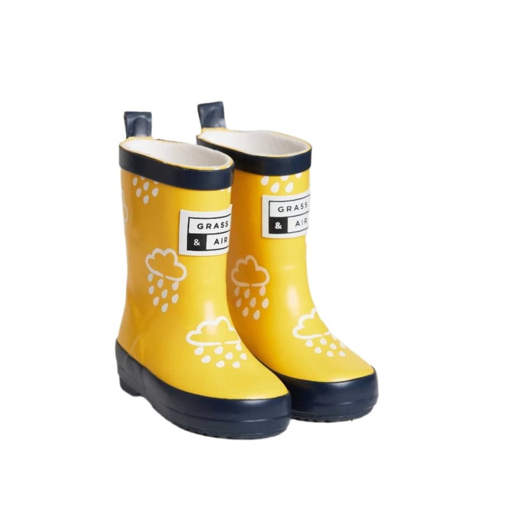 Grass & Air color-revealing kids rain boots, yellow with navy trim and cloud pattern (2 boots)