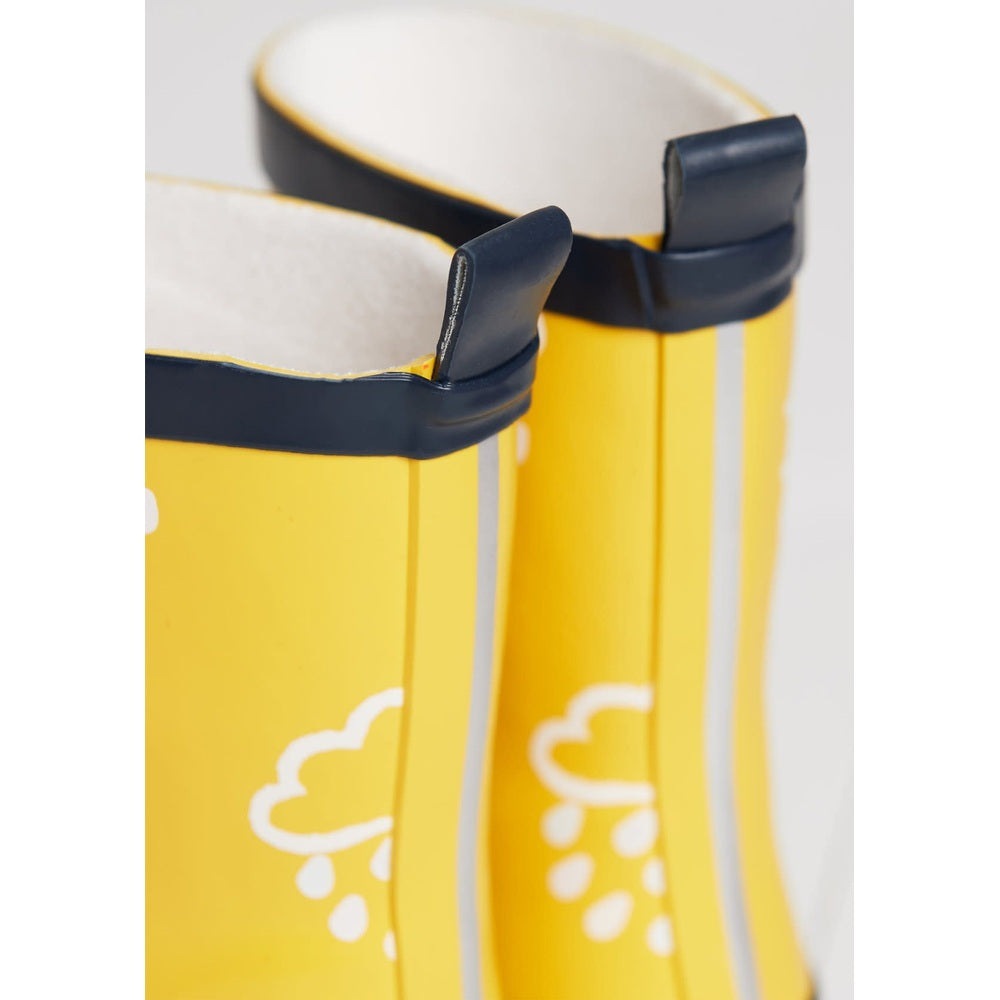 Grass & Air kids rain boots yellow with navy trim and cloud raindrop print