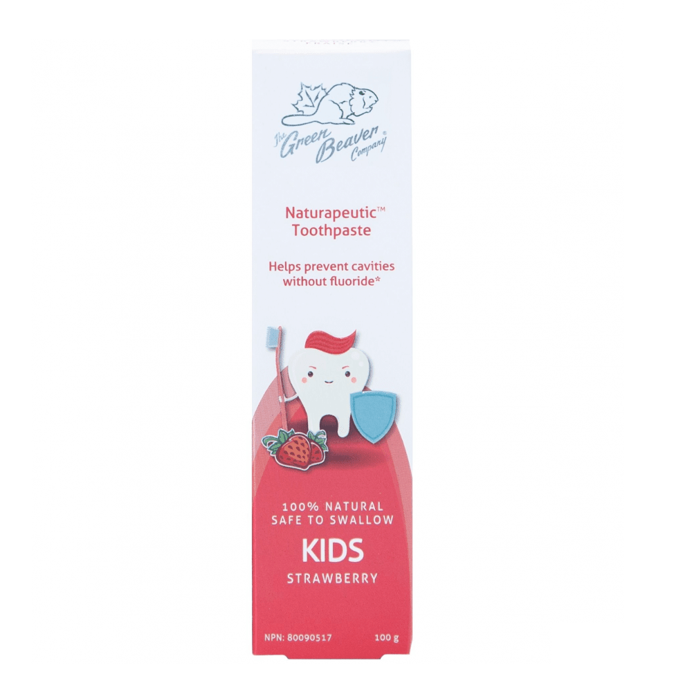 Green Beaver fluoride-free kids toothpaste strawberry flavor in a 100 g box