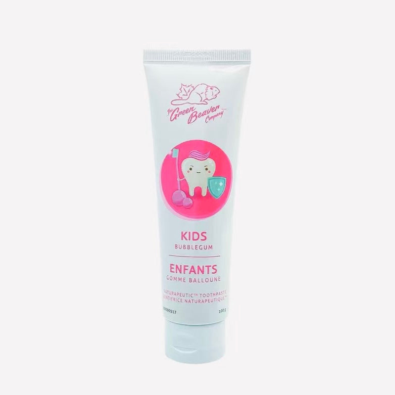 Green Beaver Flouride Free Kids Toothpaste tube with pink graphic stands upright, clearly showing brand.
