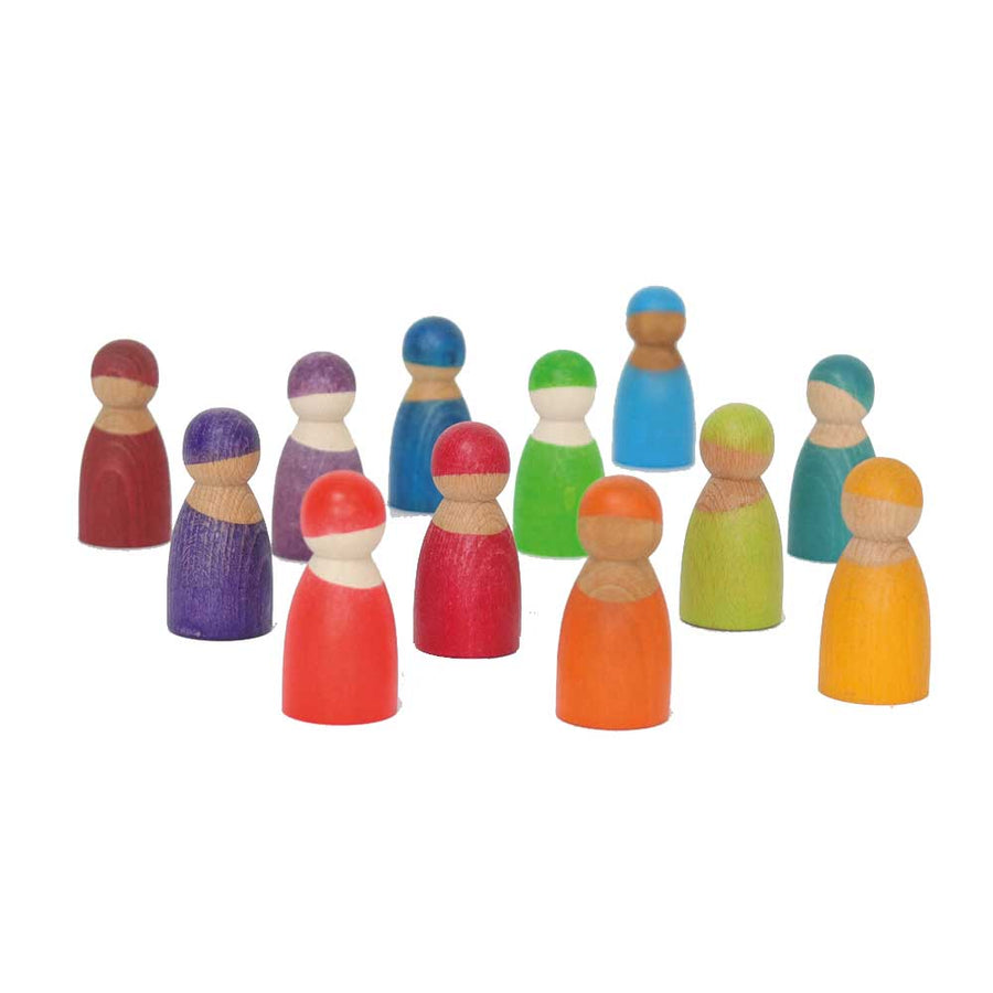 Grimm's 12 Rainbow Friends wooden figures in bright rainbow colors